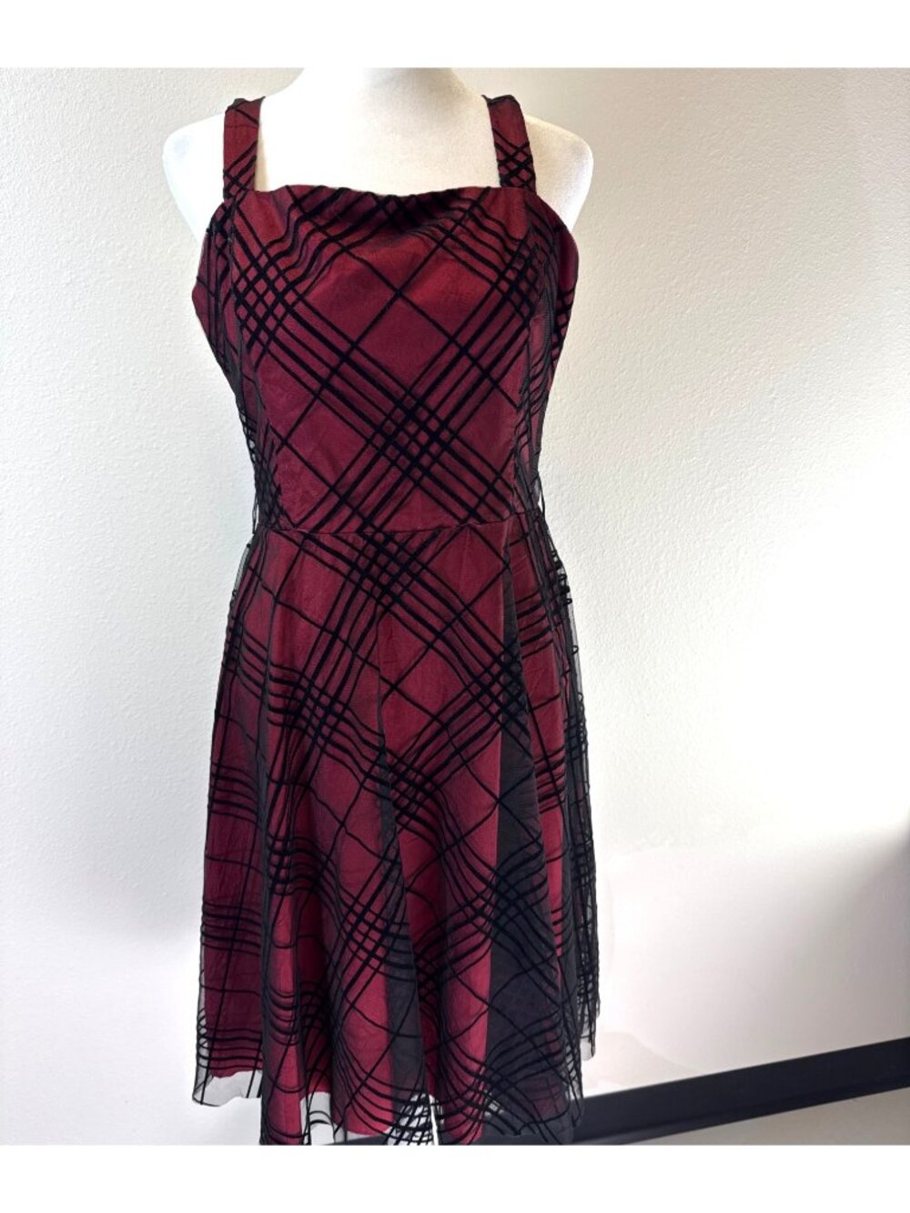 Coldwater Creek Lined Red Dress with Black Net Overlay Size 8P Dark Academia